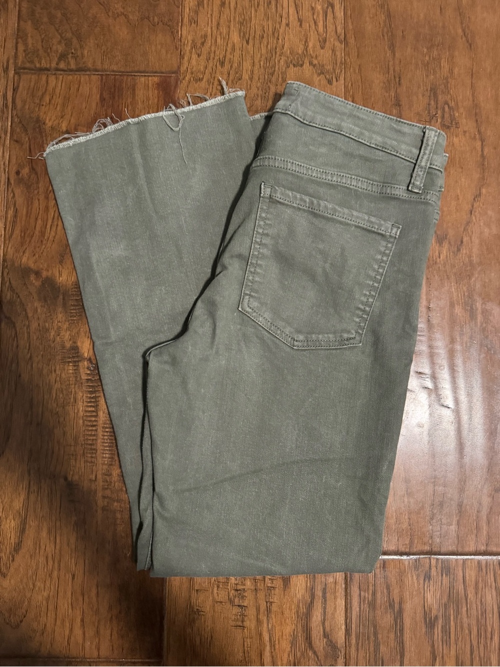 Olive Green Cropped Jeans with Raw Hem